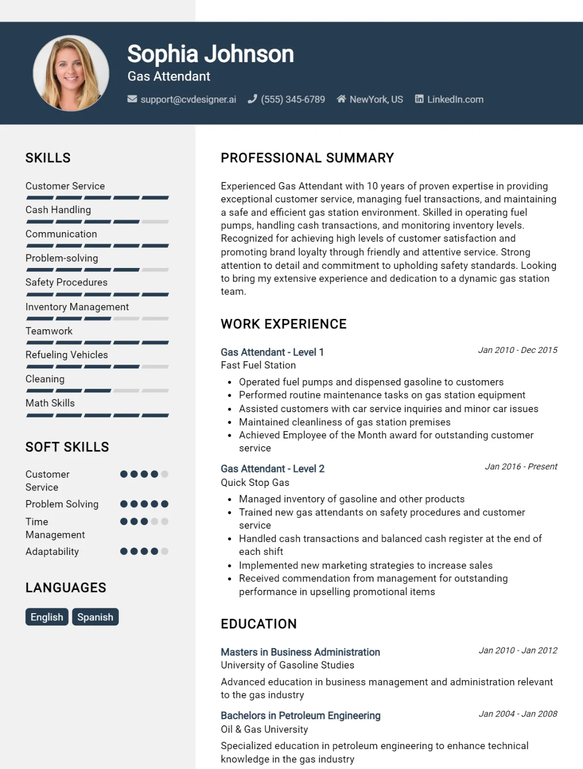 Gas Attendant CV Example For 2026: Professional CV Templates Preview