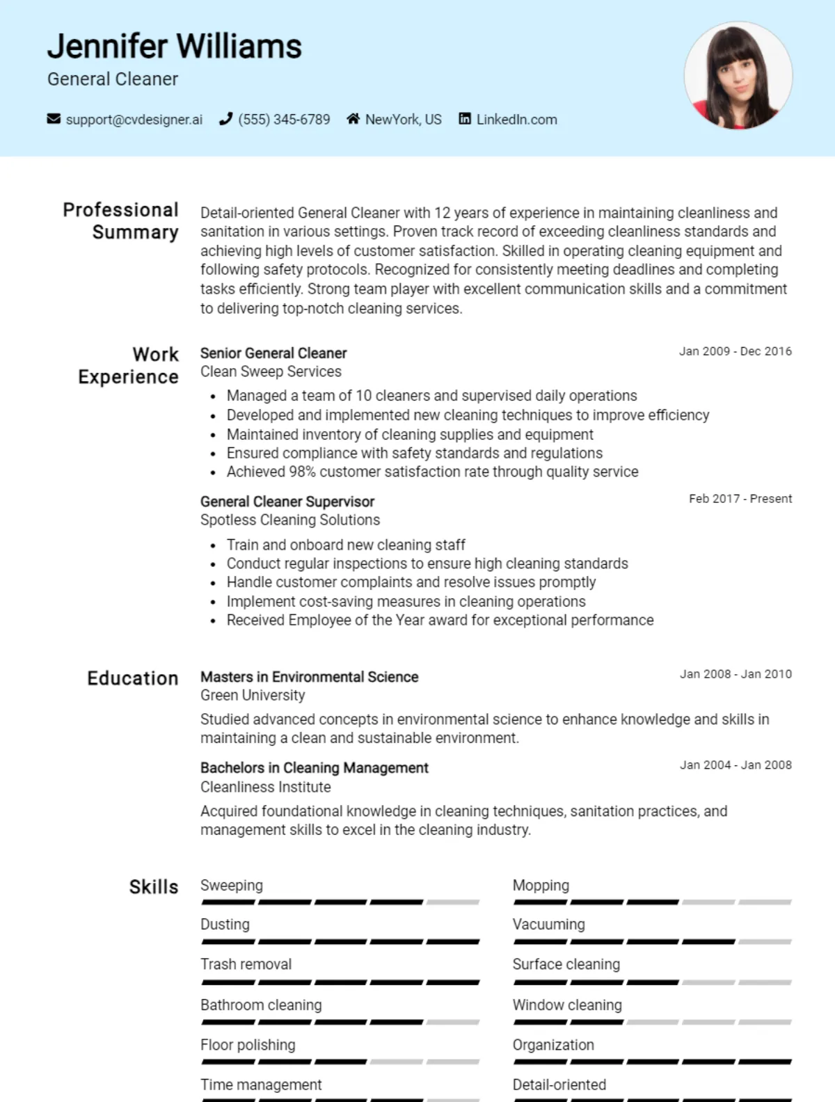 General Cleaner CV Example For 2026: Free Professional Templates Preview