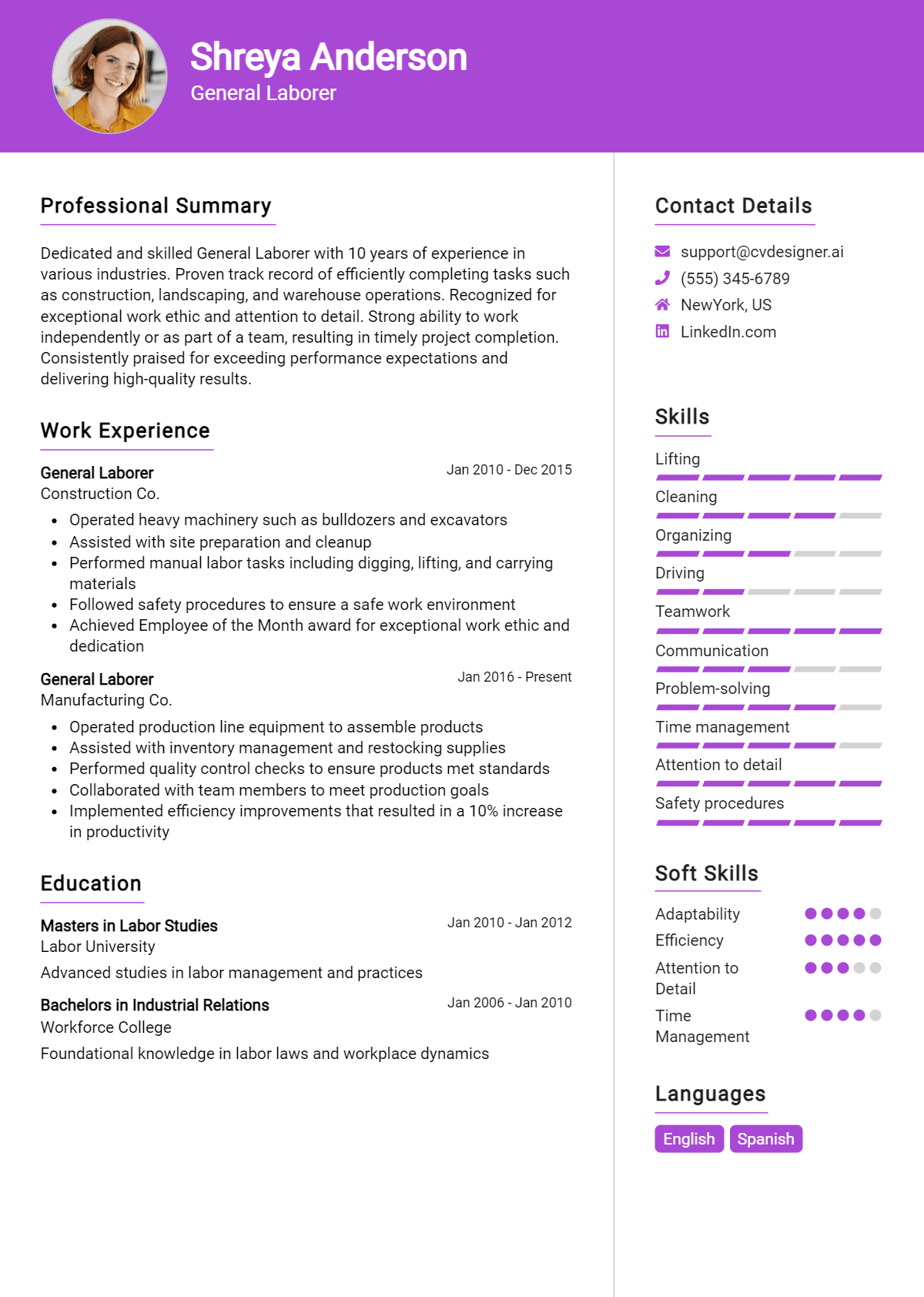 General Laborer Resume Example for 2026: Free Professional Templates Preview