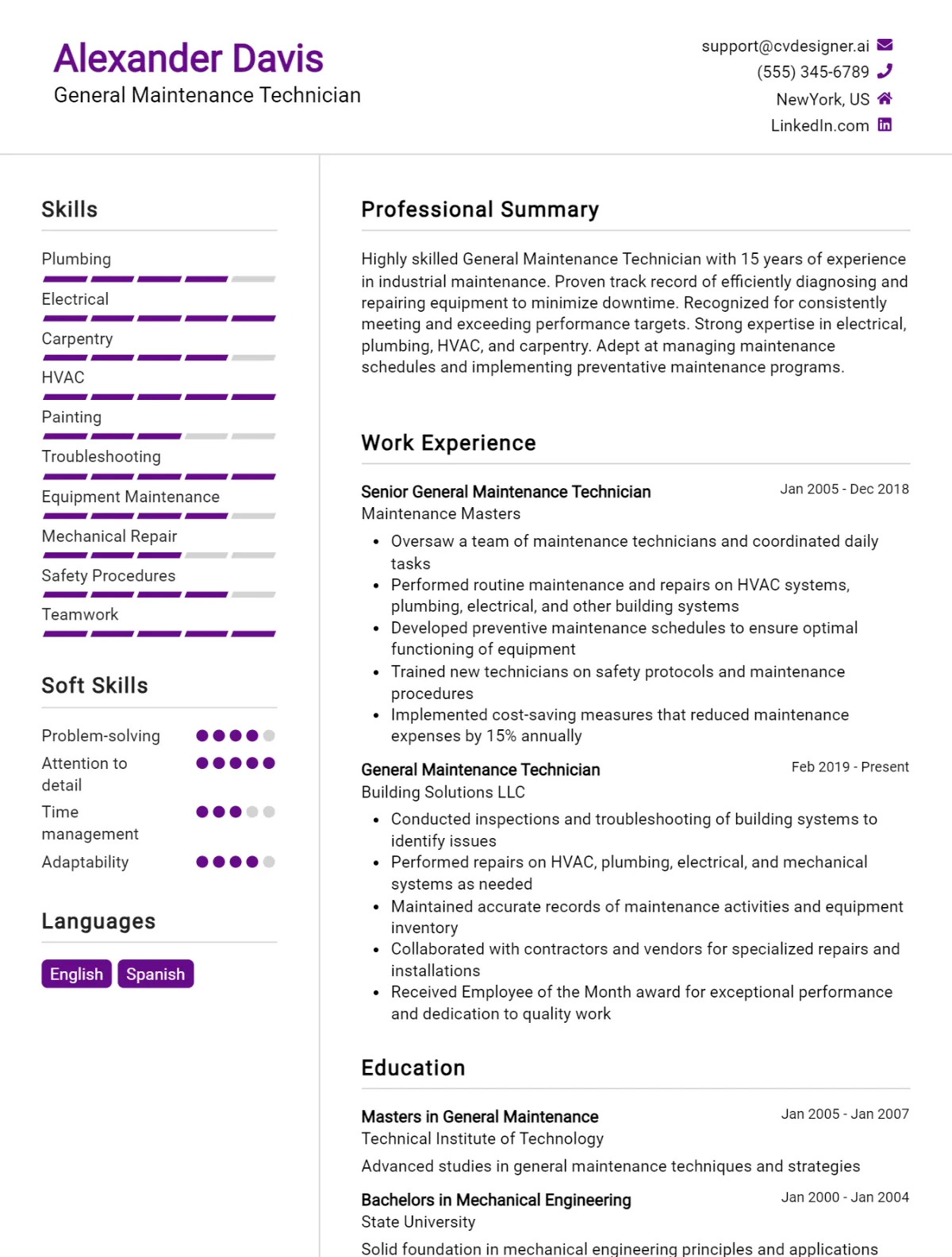 14 General Maintenance Technician CV Example For 2026: Top CV Skills Preview