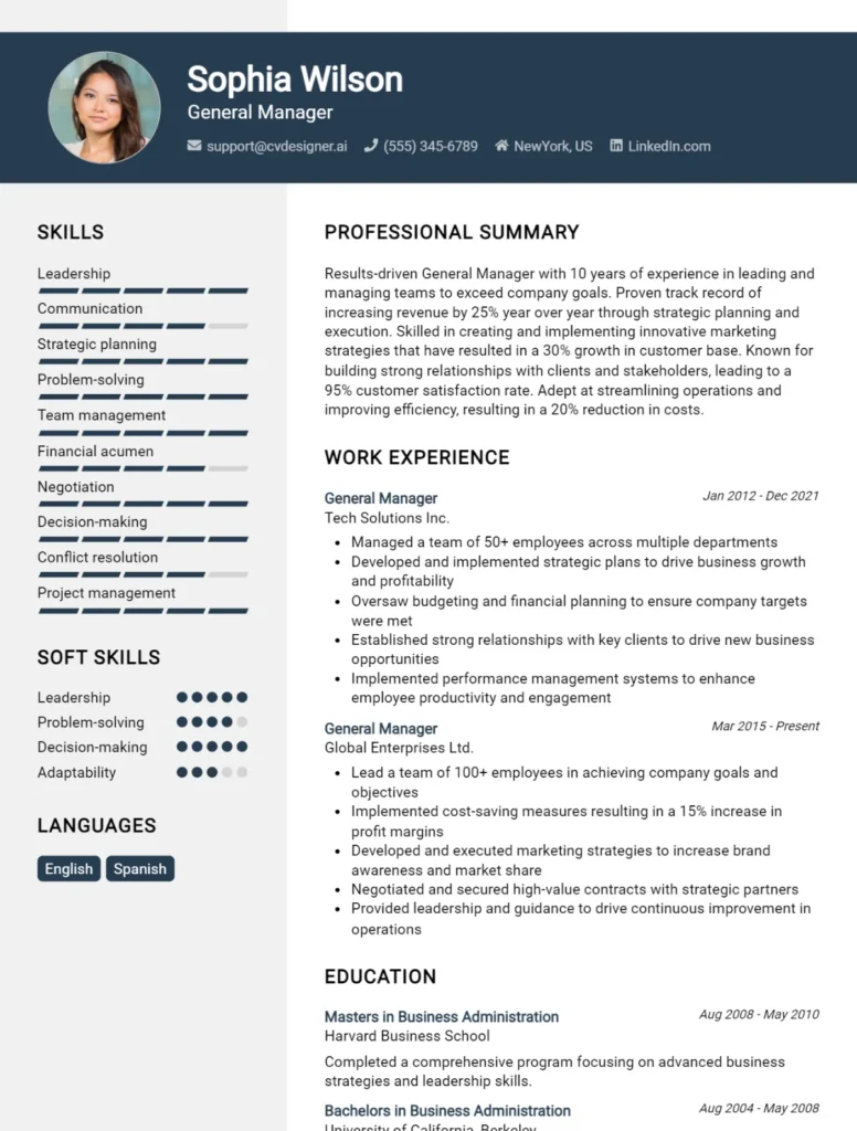 General Manager CV Example