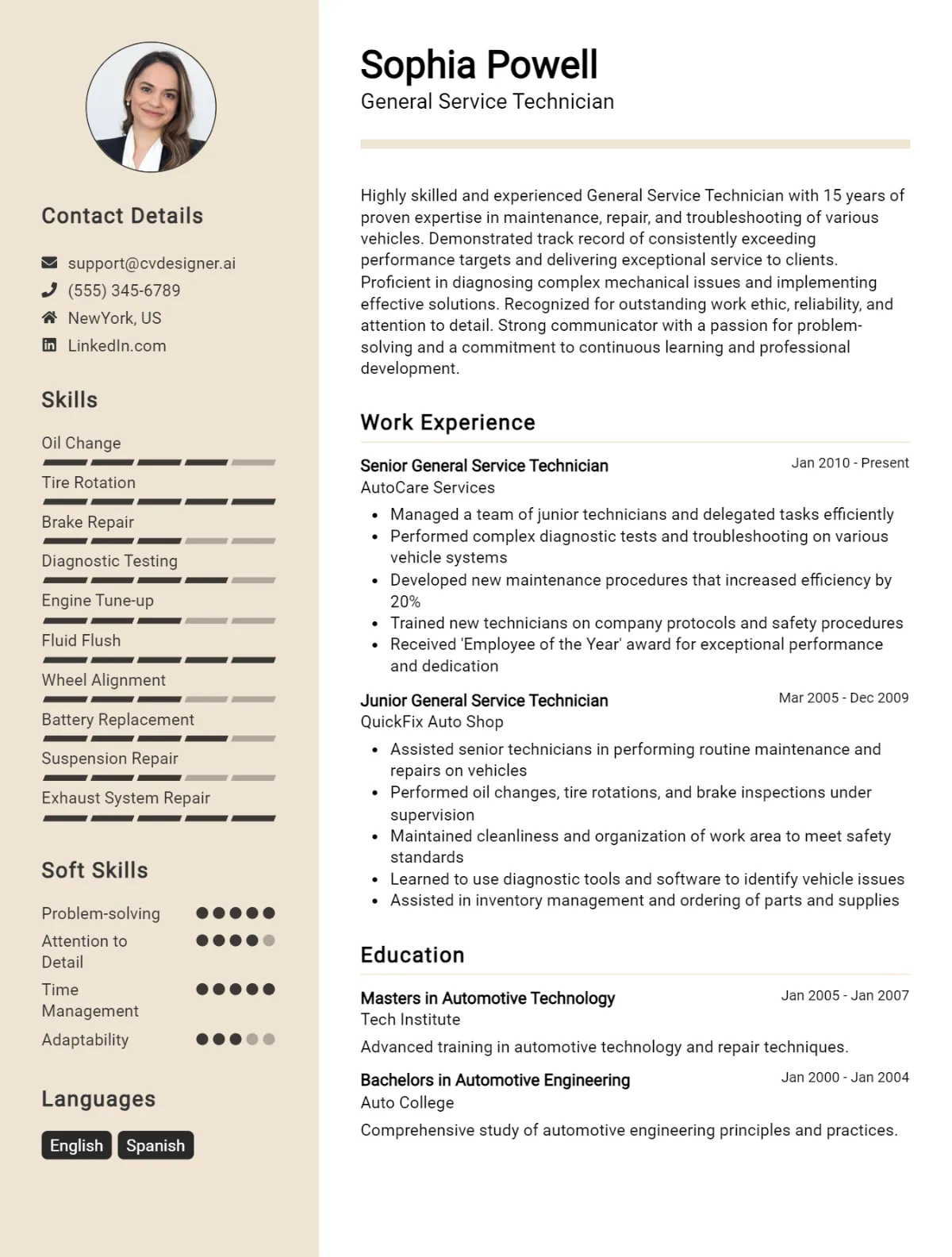 General Service Technician CV Example For 2026: Professional CV Templates Preview