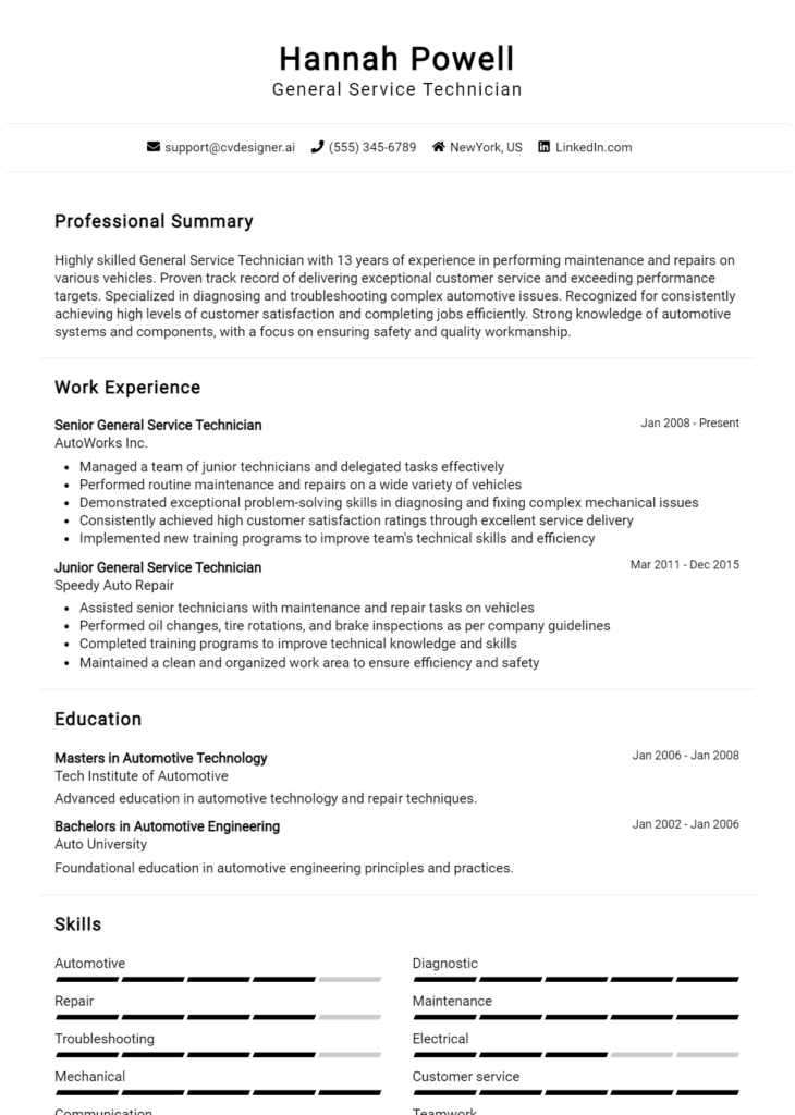 General Service Technician Resume Example