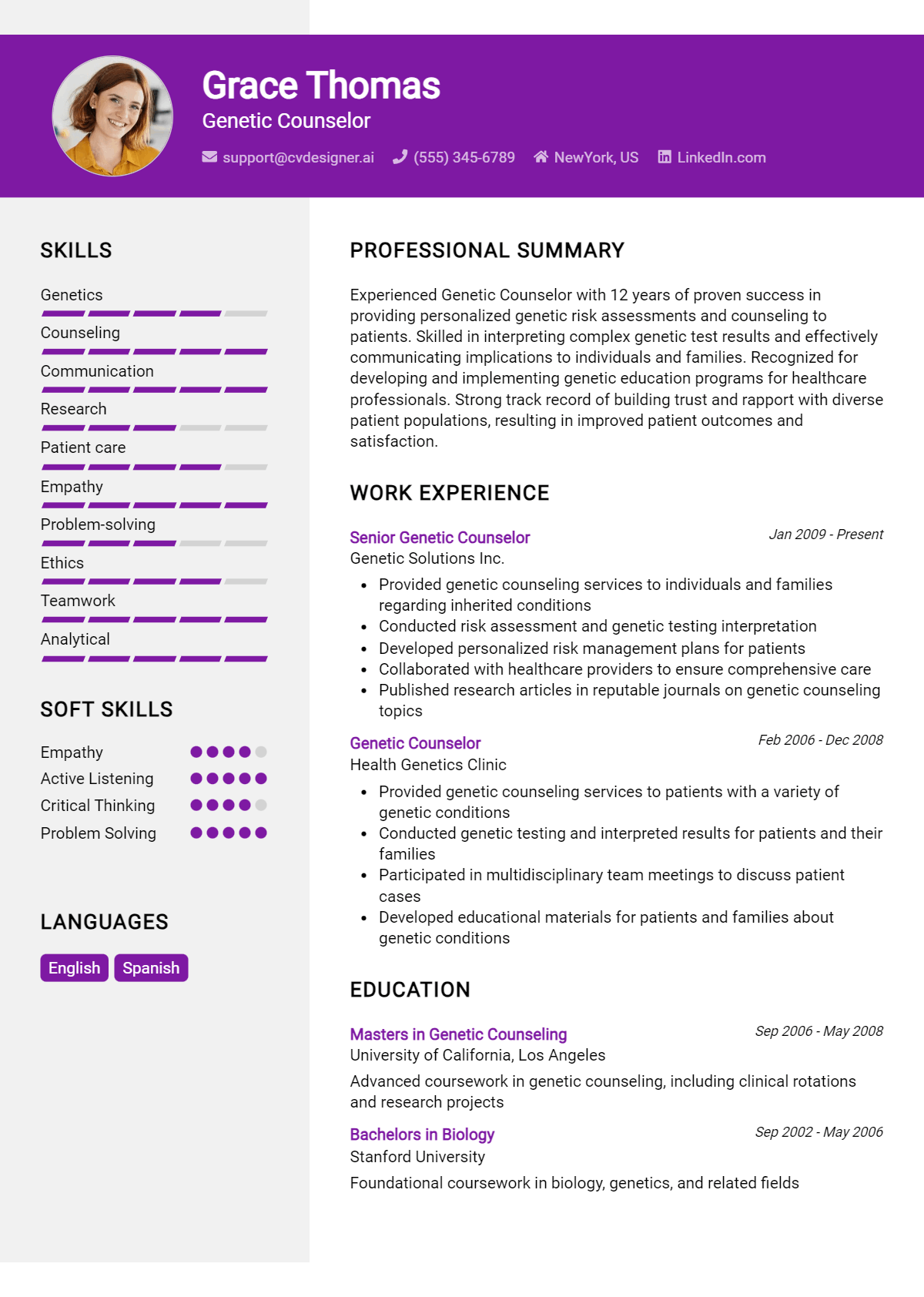 Genetic Counselor Resume Example for 2026: Free Professional Templates Preview