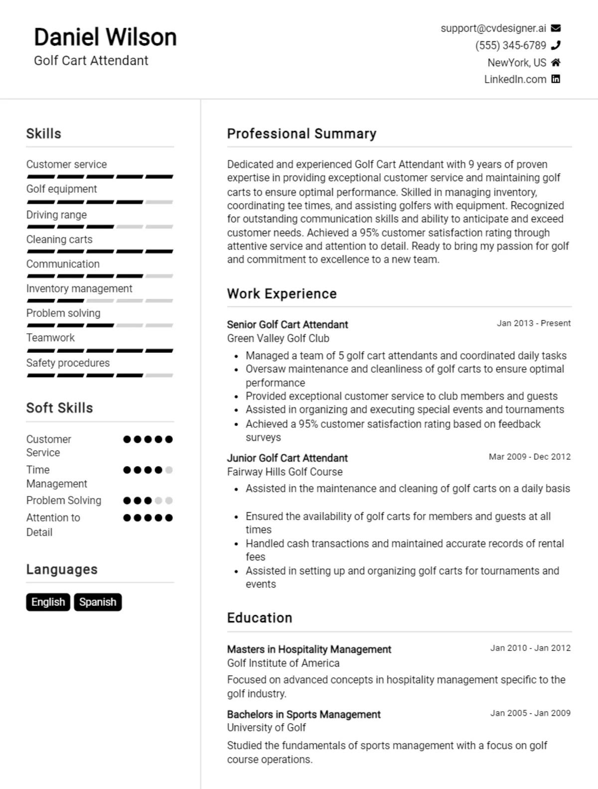 Golf Cart Attendant CV Example For 2026: Examples & Free Templates Preview