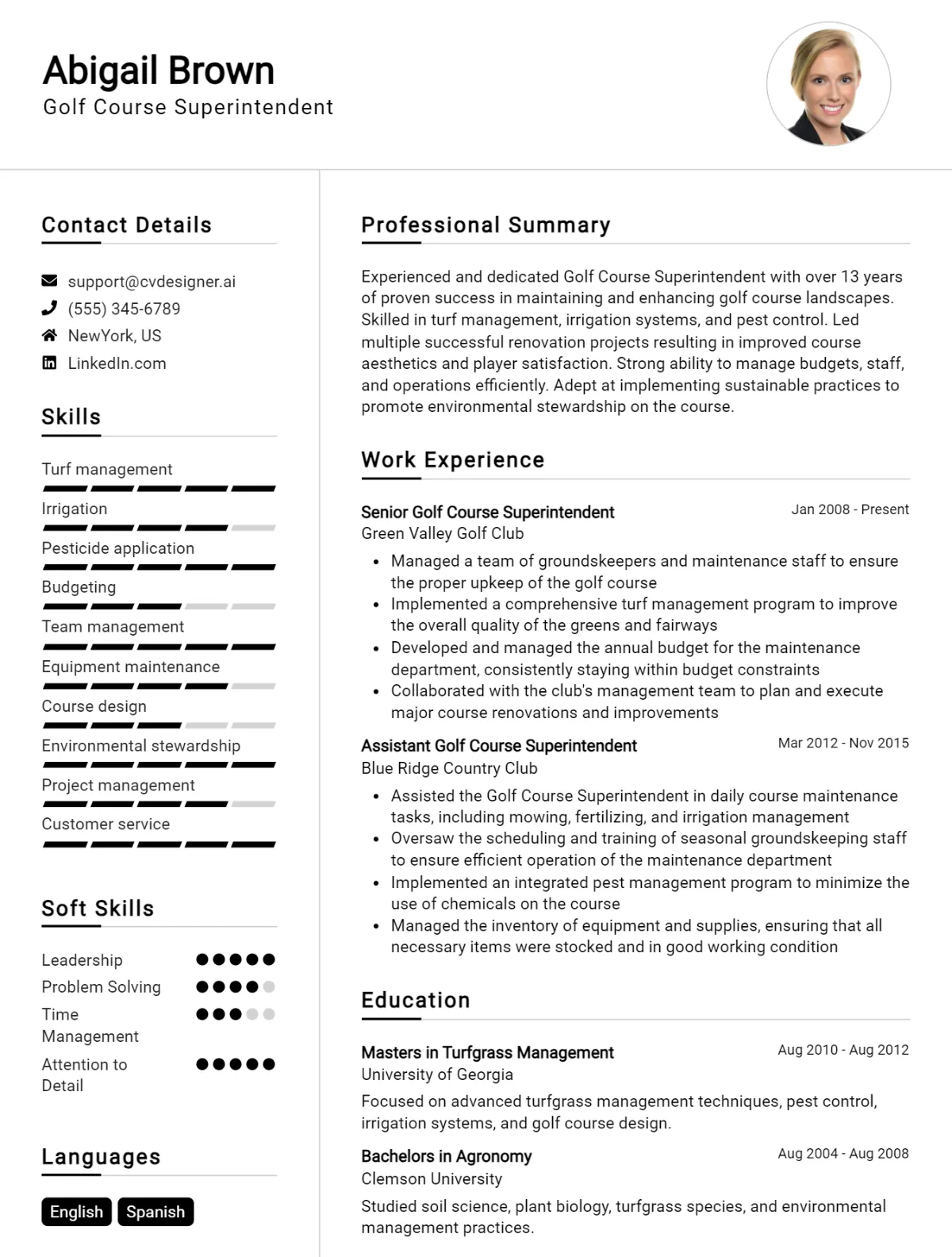 Golf Course Superintendent CV Example For 2026: Professional CV Templates Preview