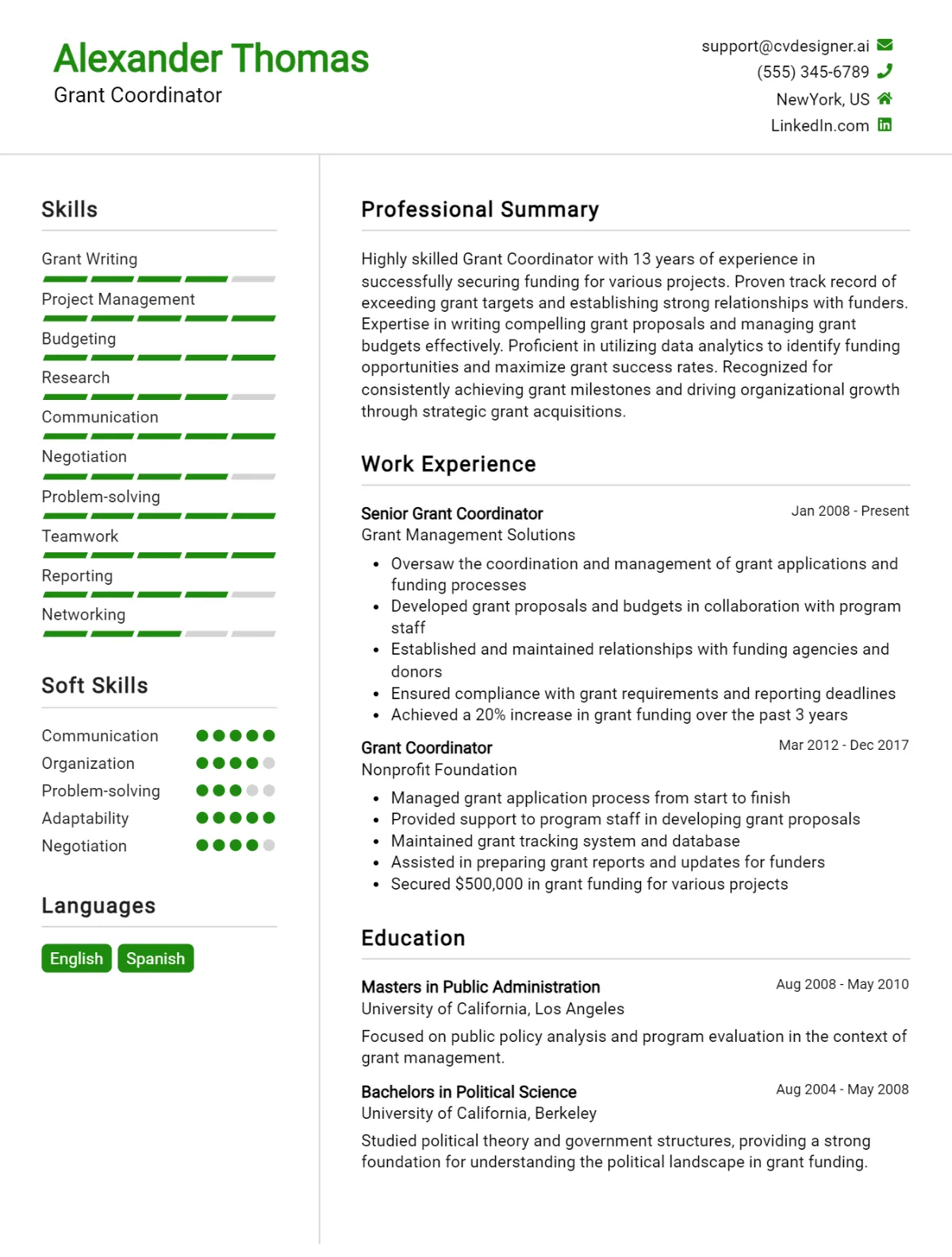 Grant Coordinator CV Example For 2026: Professional CV Templates Preview