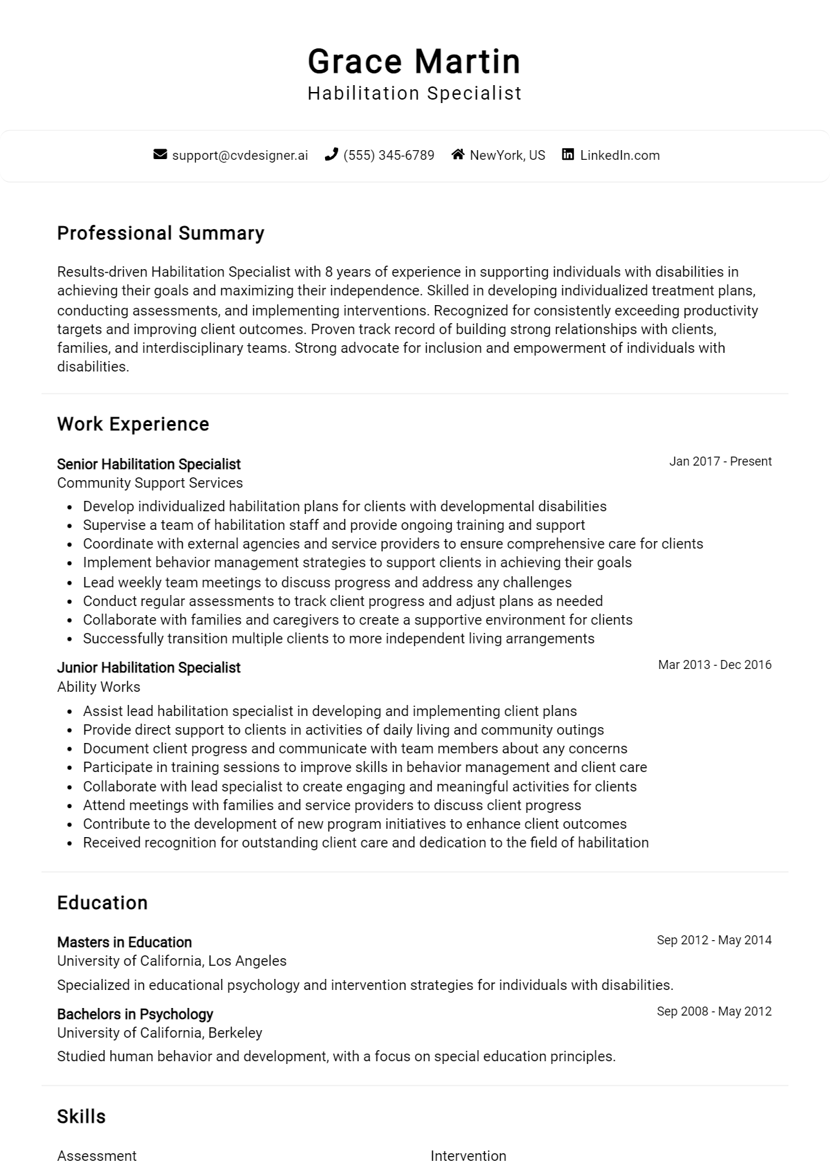 Habilitation Specialist Resume Example for 2026: Professional CV Templates Preview