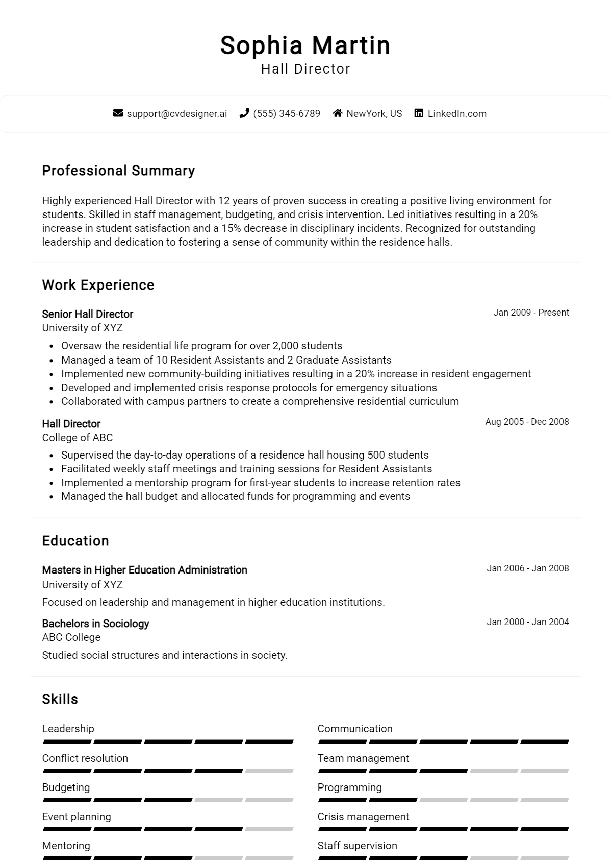 Hall Director Resume Example for 2026: How to Create a Professional CV Preview