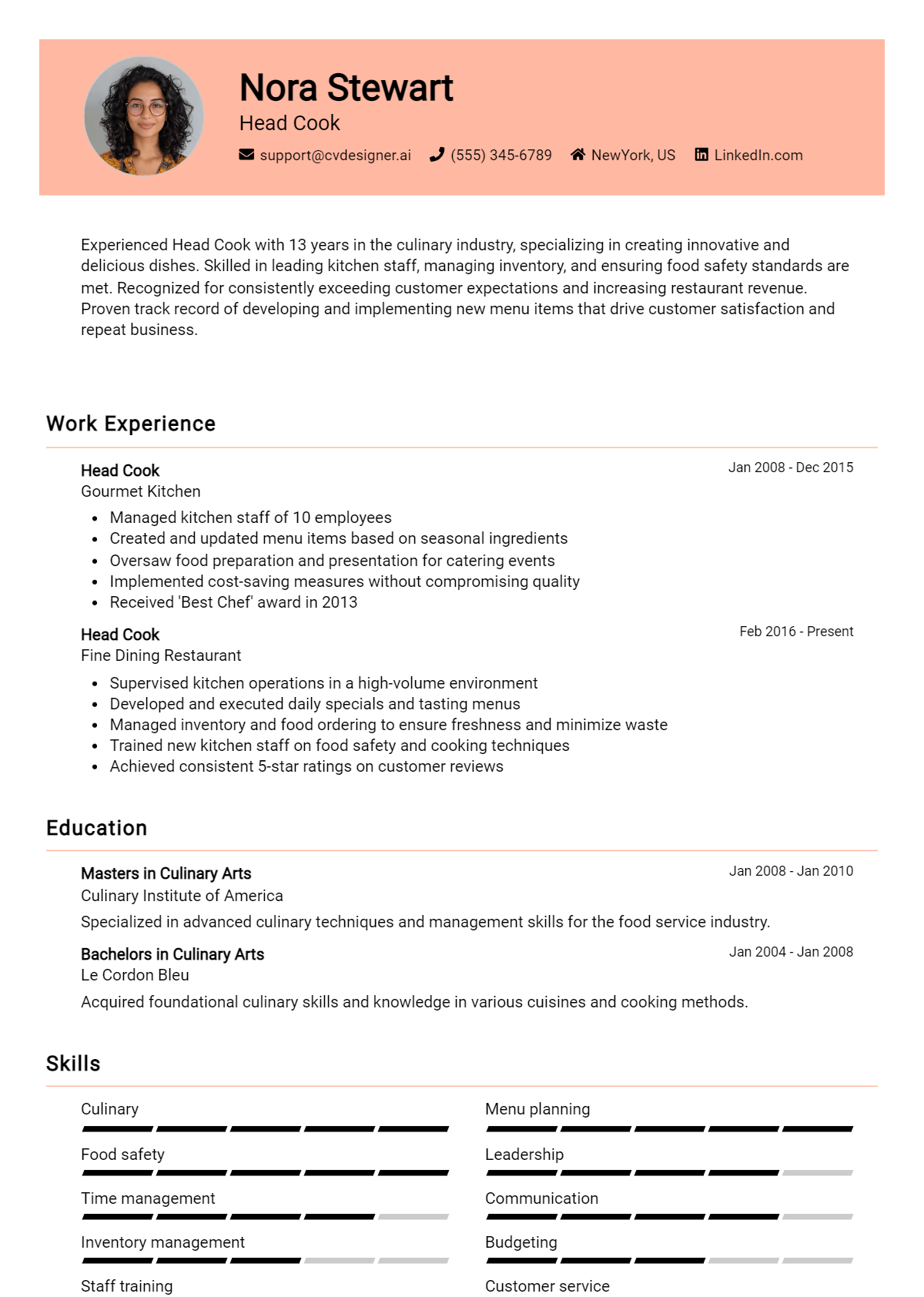 Head Cook Resume Example for 2026: How to Create a Professional CV Preview