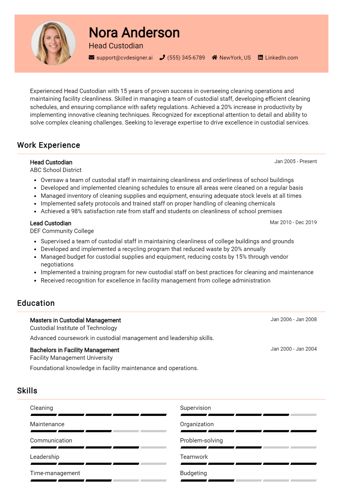 Head Custodian Resume Example for 2026: Examples & Free Templates Preview