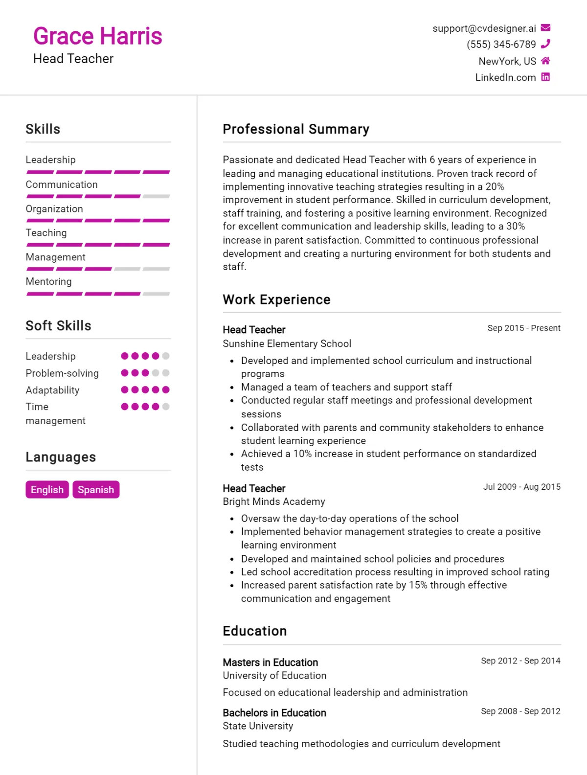 Head Teacher CV Example For 2026: Free Professional Templates Preview