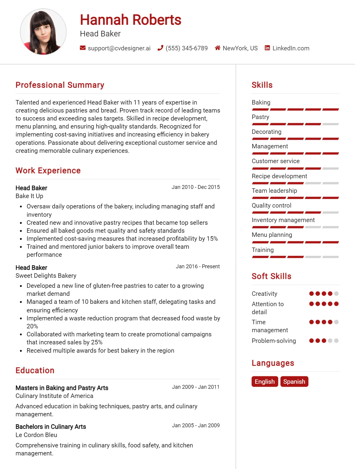 Head Baker CV Example For 2026: Best Writing Guide Preview