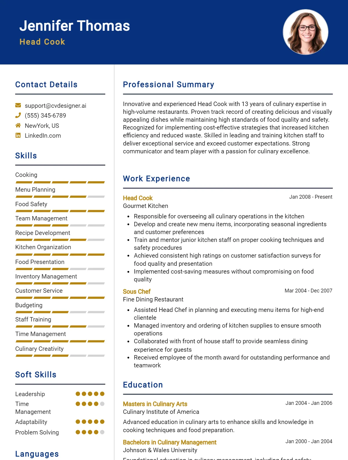 Head Cook CV Example For 2026: Professional CV Templates Preview