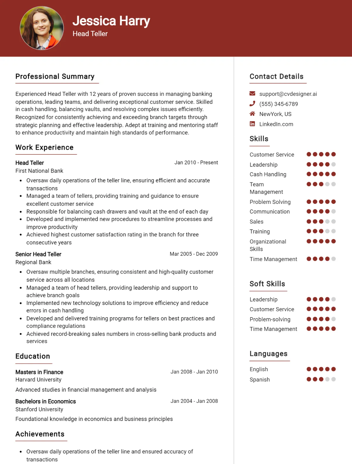 Head Teller CV Example For 2026: Templates & Tips Preview