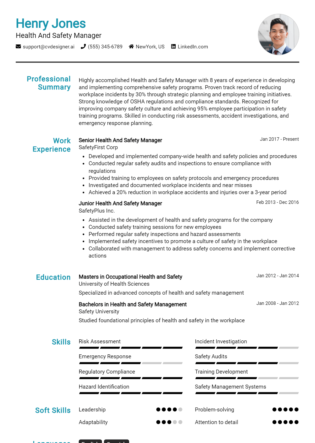 Health And Safety Manager Resume Example for 2026: How to Create a Professional CV Preview