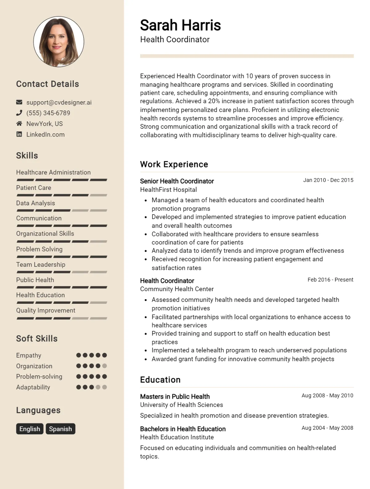 Health Coordinator CV Example For 2026: Professional CV Templates Preview