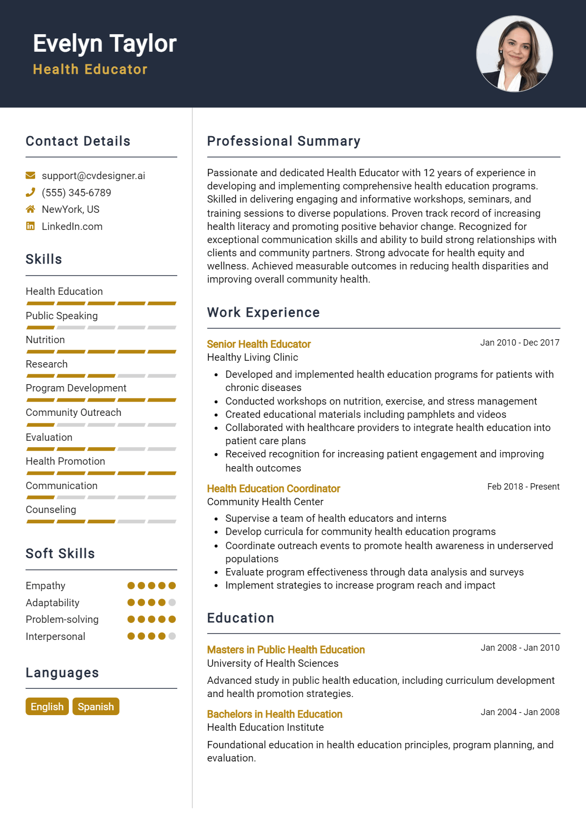 Health Educator Resume Example for 2026: Free Professional Templates Preview