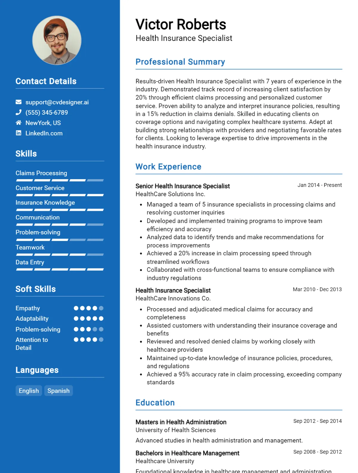 Health Insurance Specialist CV Example For 2026: Free Downloadable Templates Preview