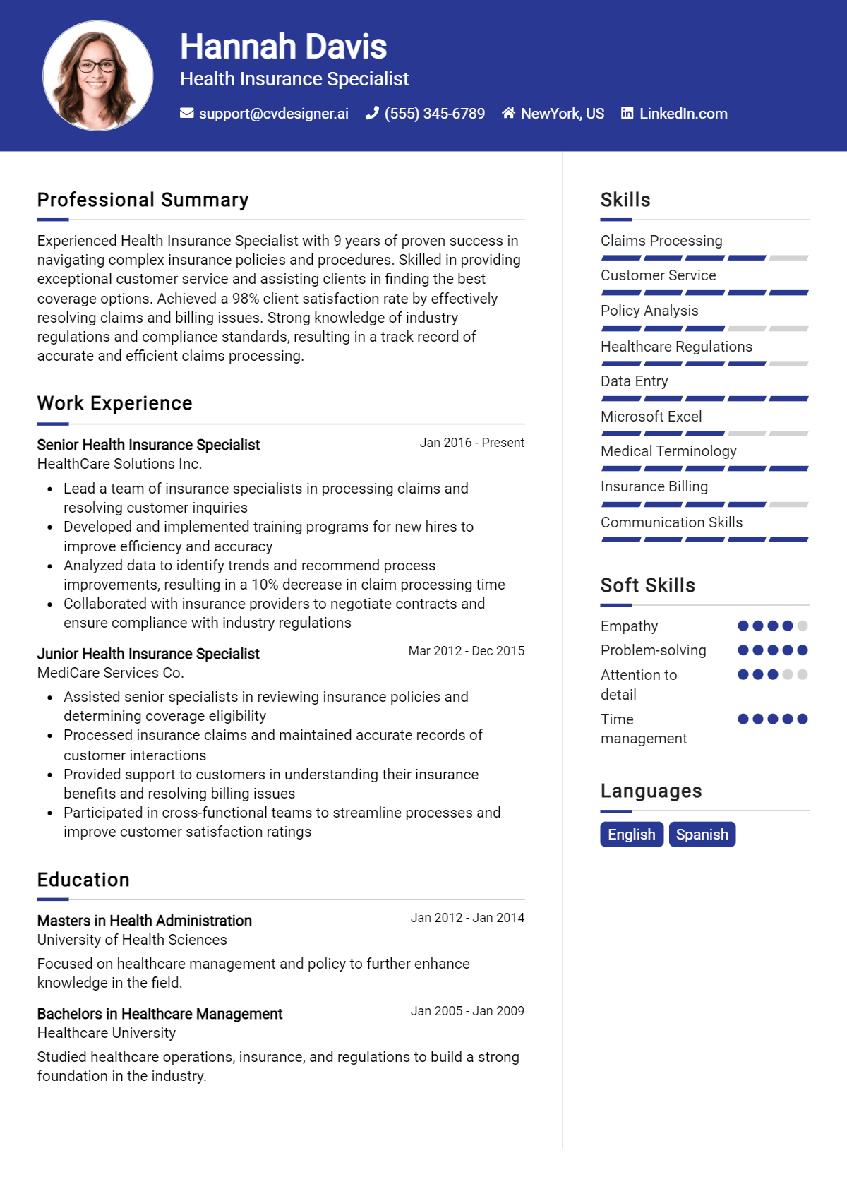 Health Insurance Specialist Resume Example for 2026: How to Create a Professional CV Preview