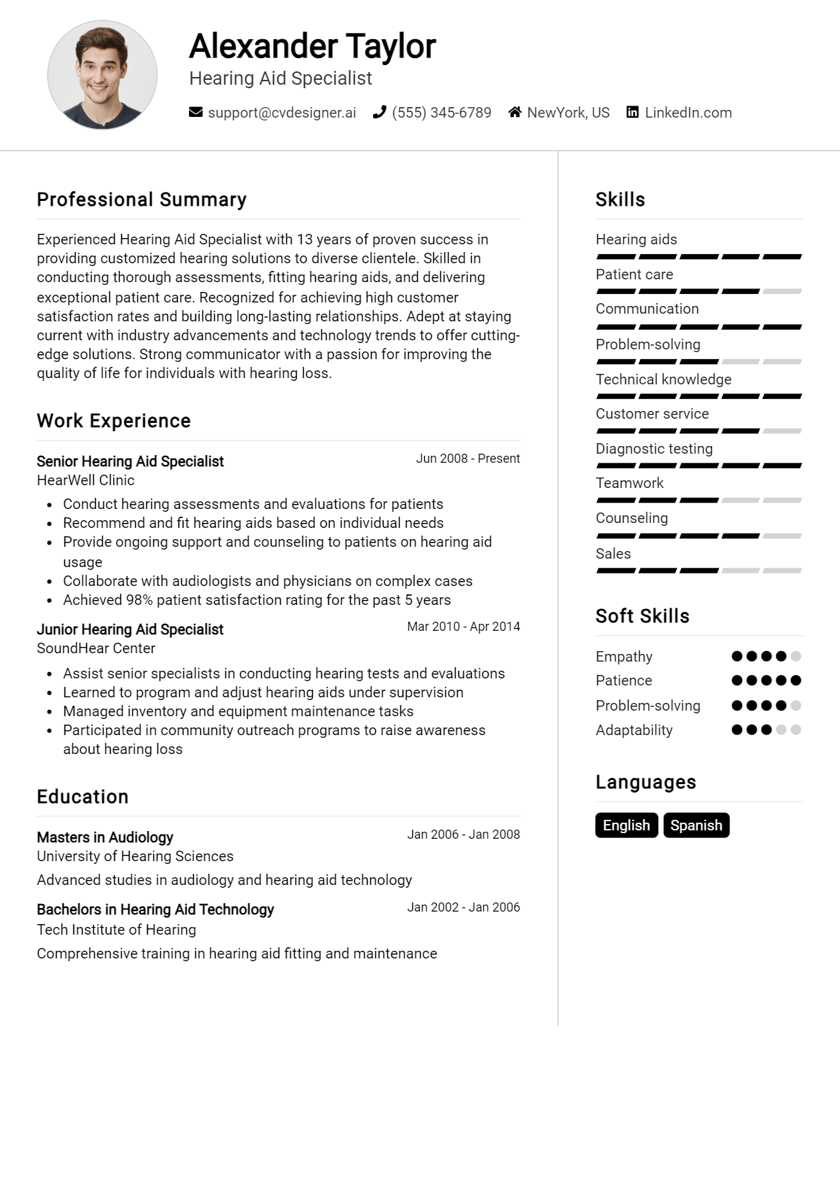 Hearing Aid Specialist Resume Example for 2026: Strategies & Templates Preview