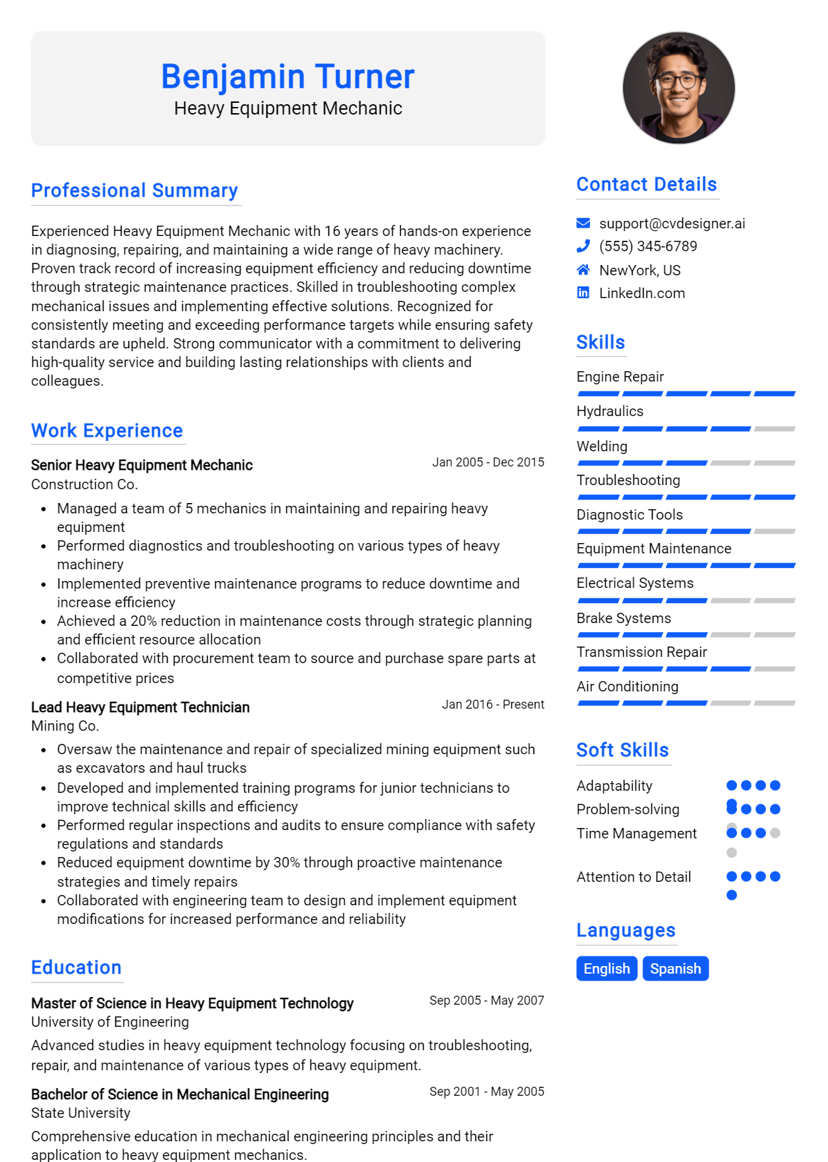 Heavy Equipment Mechanic Resume Example for 2026: Free Professional Templates Preview