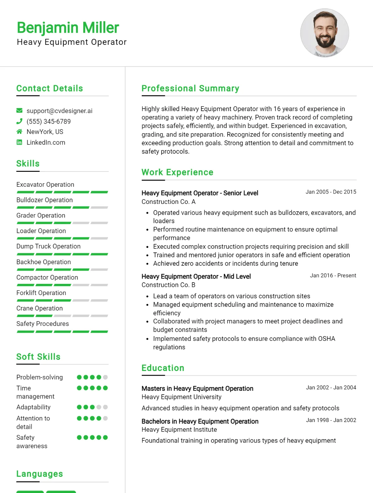 Heavy Equipment Operator CV Example For 2026: Professional CV Templates Preview