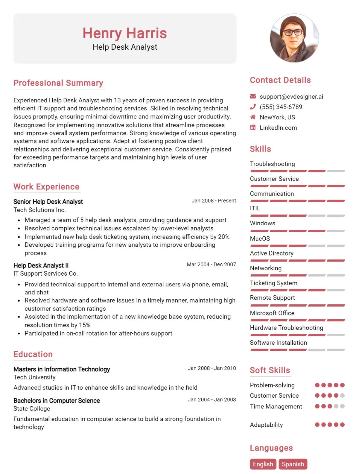 Help Desk Analyst CV Example For 2026: Top CV Skills Preview