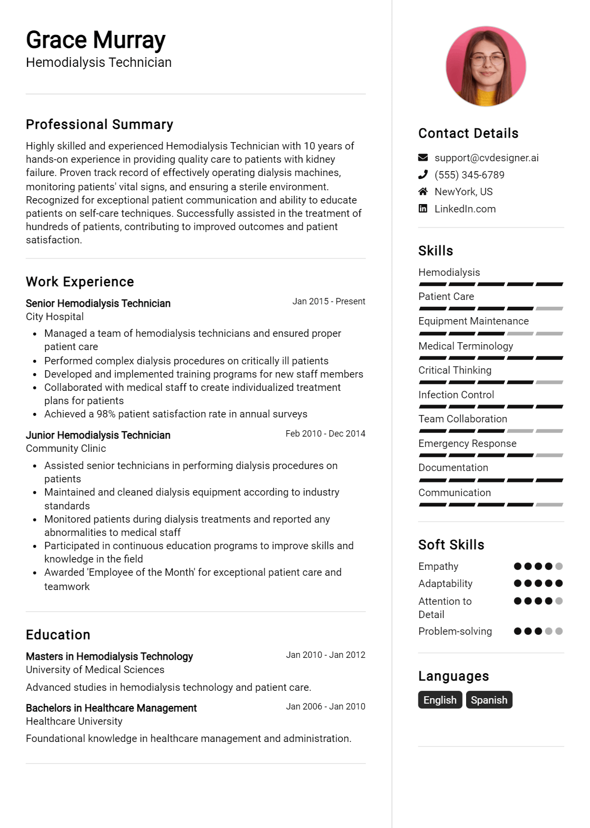 Hemodialysis Technician Resume Example for 2026: How to Craft a Winning CV Preview