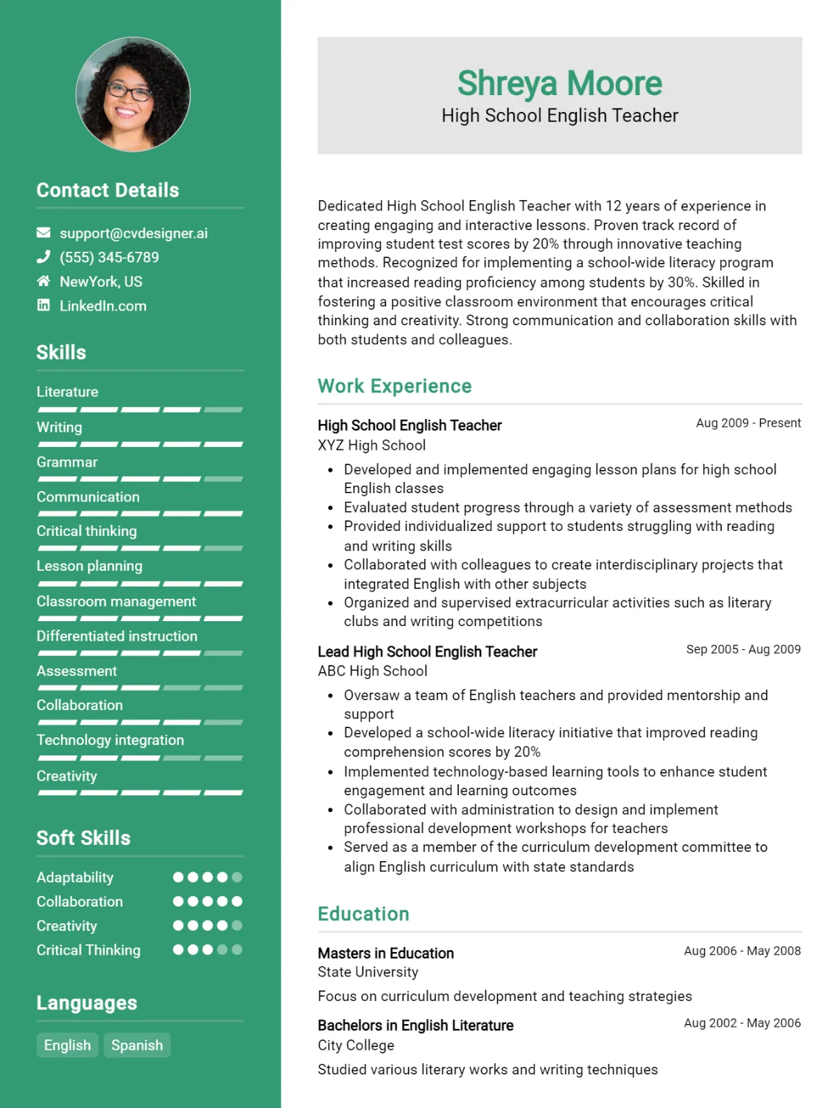 High School English Teacher CV Example For 2026: Examples & Free Templates Preview