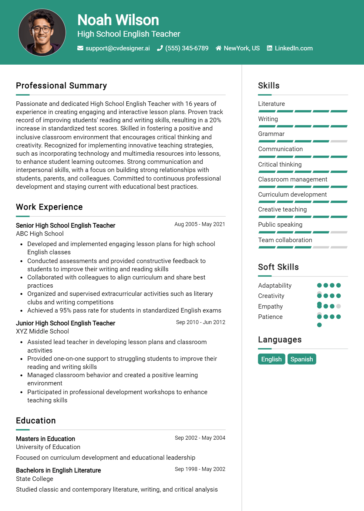 High School English Teacher Resume Example for 2026: How to Craft a Winning CV Preview
