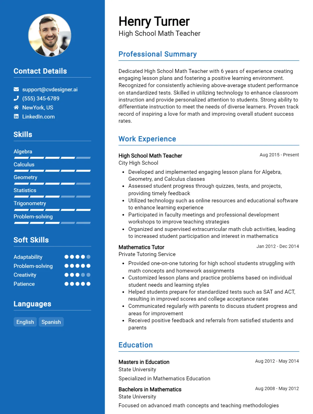 High School Math Teacher CV Example For 2026: Effective CV Writing Tips Preview