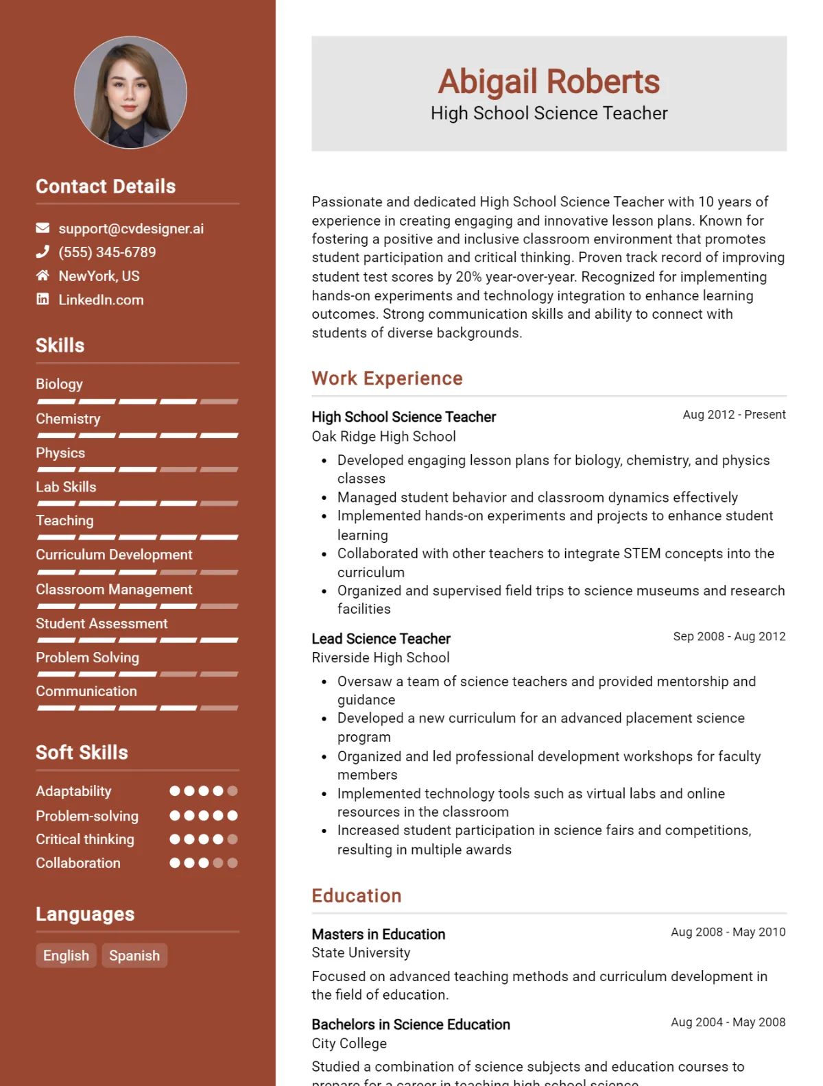 High School Science Teacher CV Example For 2026: Best Tips & Templates Preview