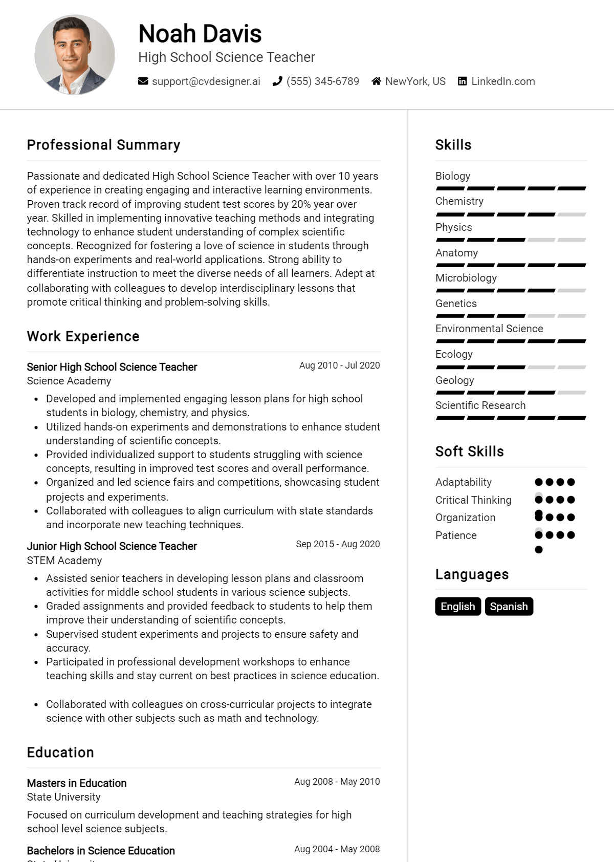 High School Science Teacher Resume Example for 2026: Top CV Skills Preview