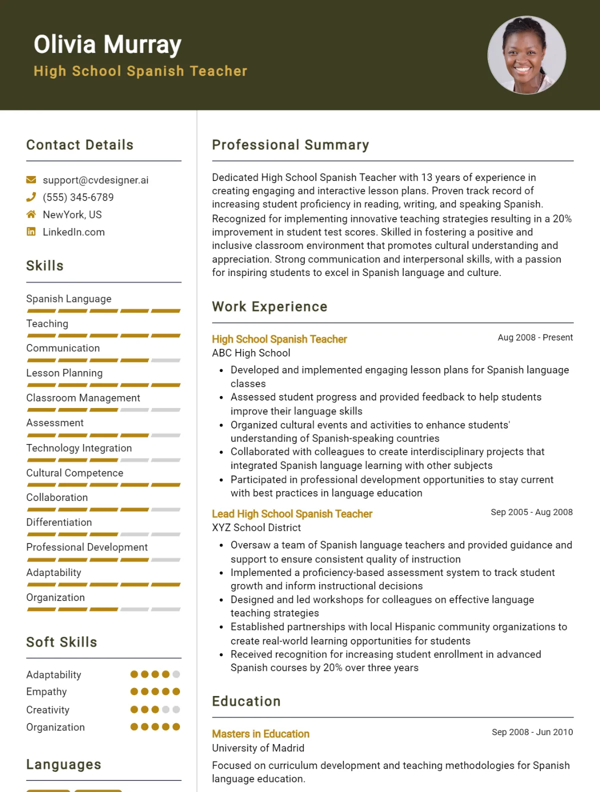 High School Spanish Teacher CV Example For 2026: Free Downloadable Templates Preview