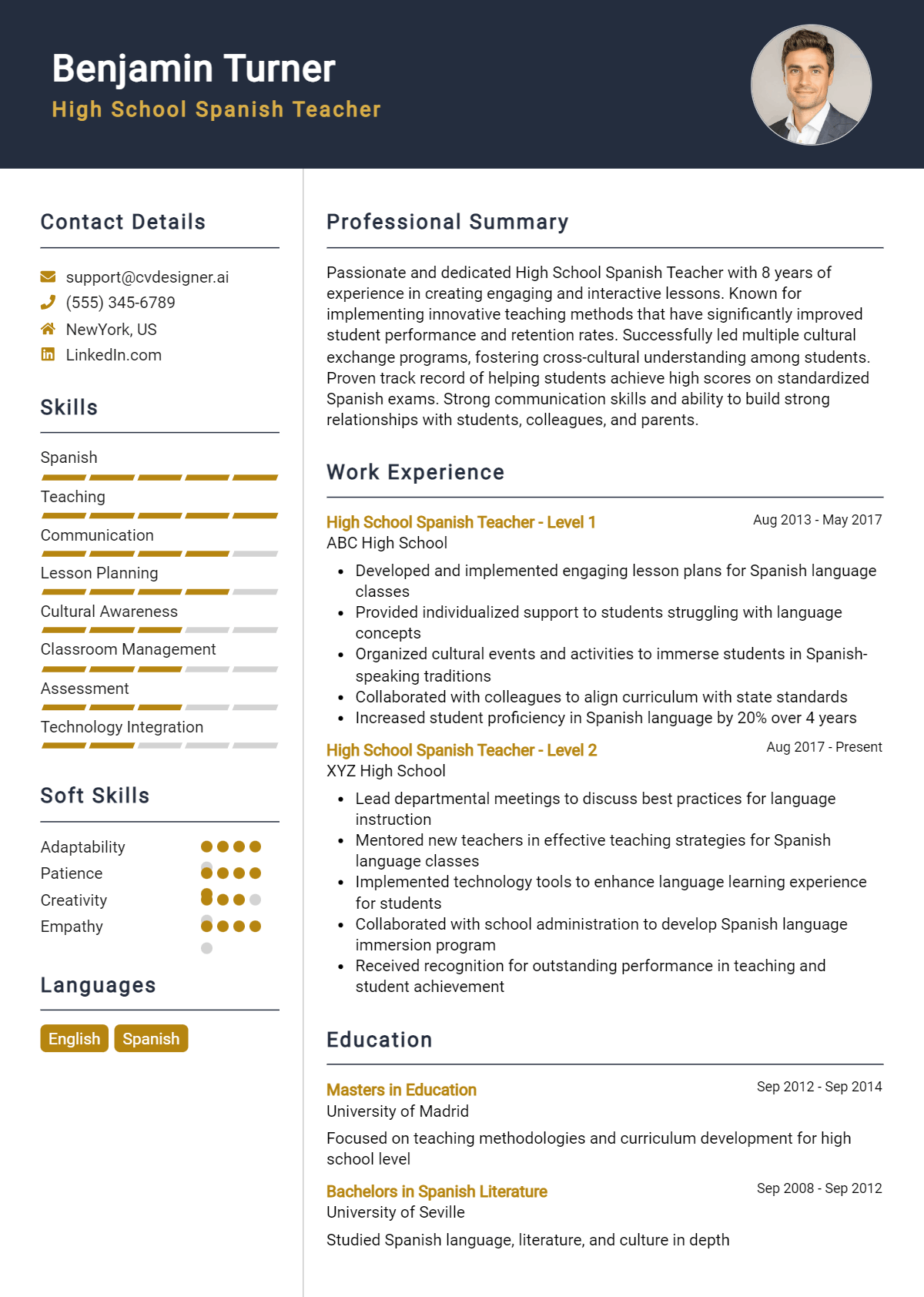 High School Spanish Teacher Resume Example for 2026: Professional CV Templates Preview