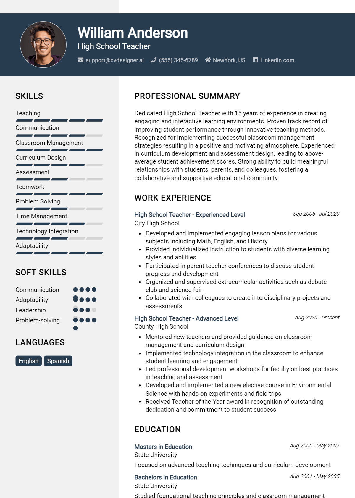 High School Teacher Resume Example for 2026: Professional CV Templates Preview