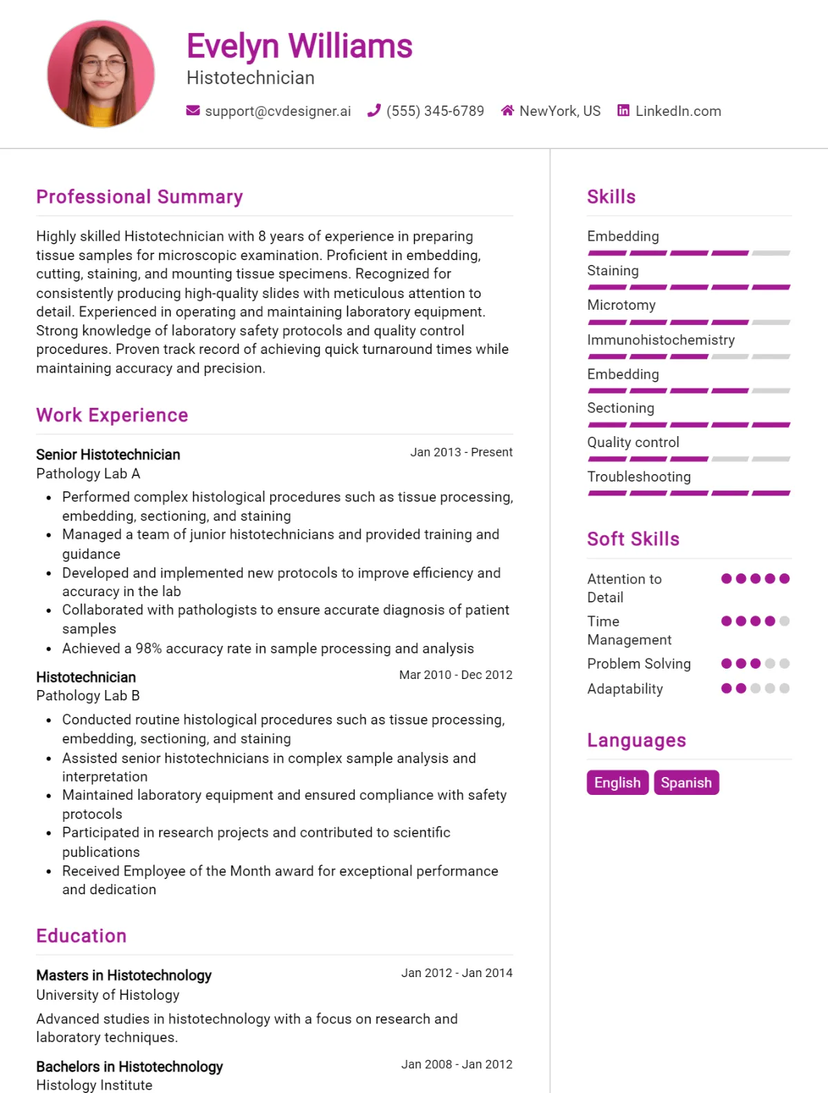 Histotechnician CV Example For 2026: Best Tips & Templates Preview