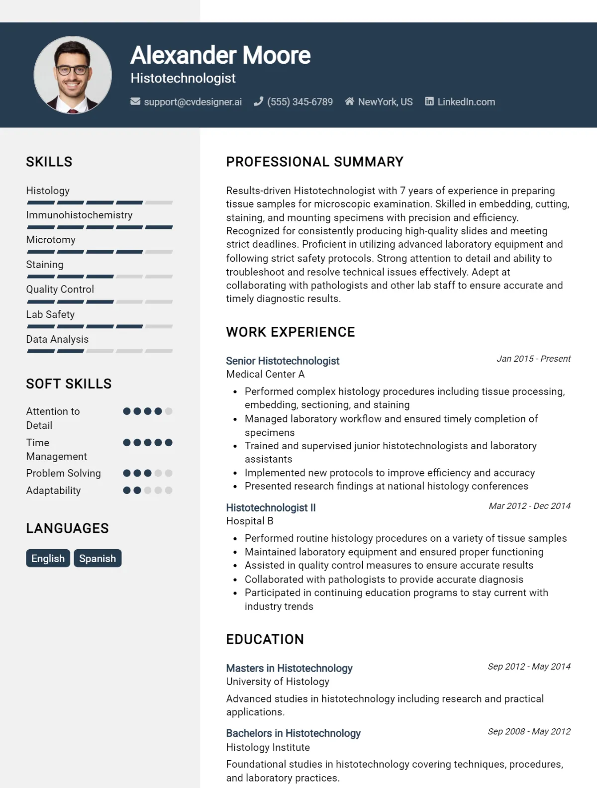 Histotechnologist CV Example For 2026: Professional CV Templates Preview