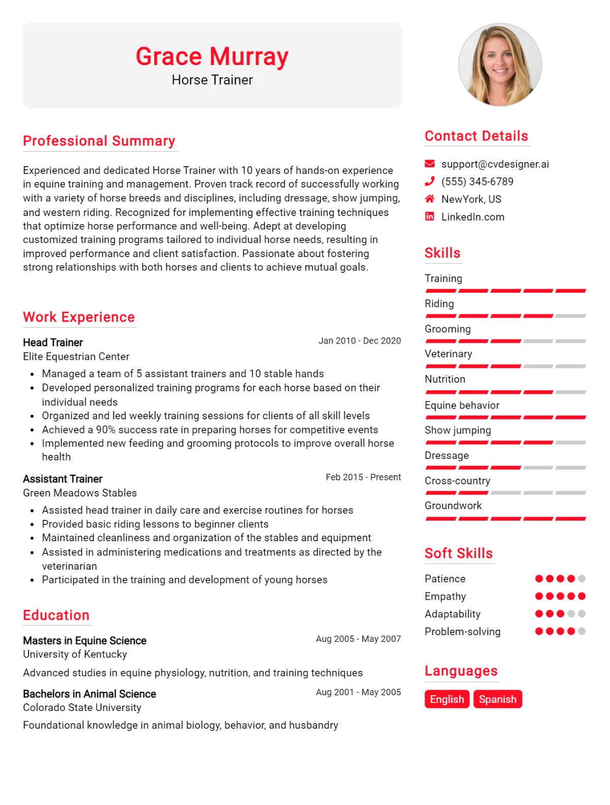 Horse Trainer CV Example For 2026: Top CV Skills Preview