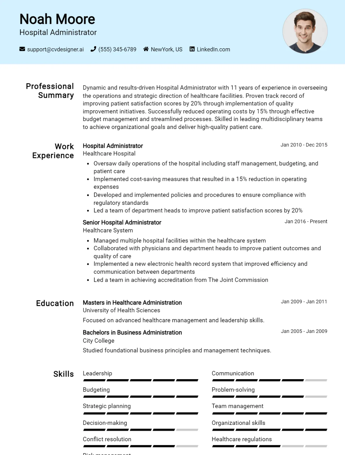 Hospital Administrator CV Example For 2026: Professional CV Templates Preview