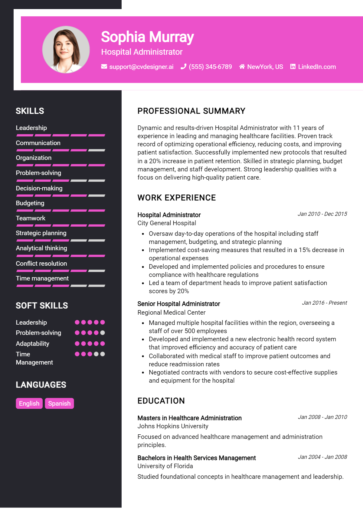 Hospital Administrator Resume Example for 2026: Top CV Skills Preview