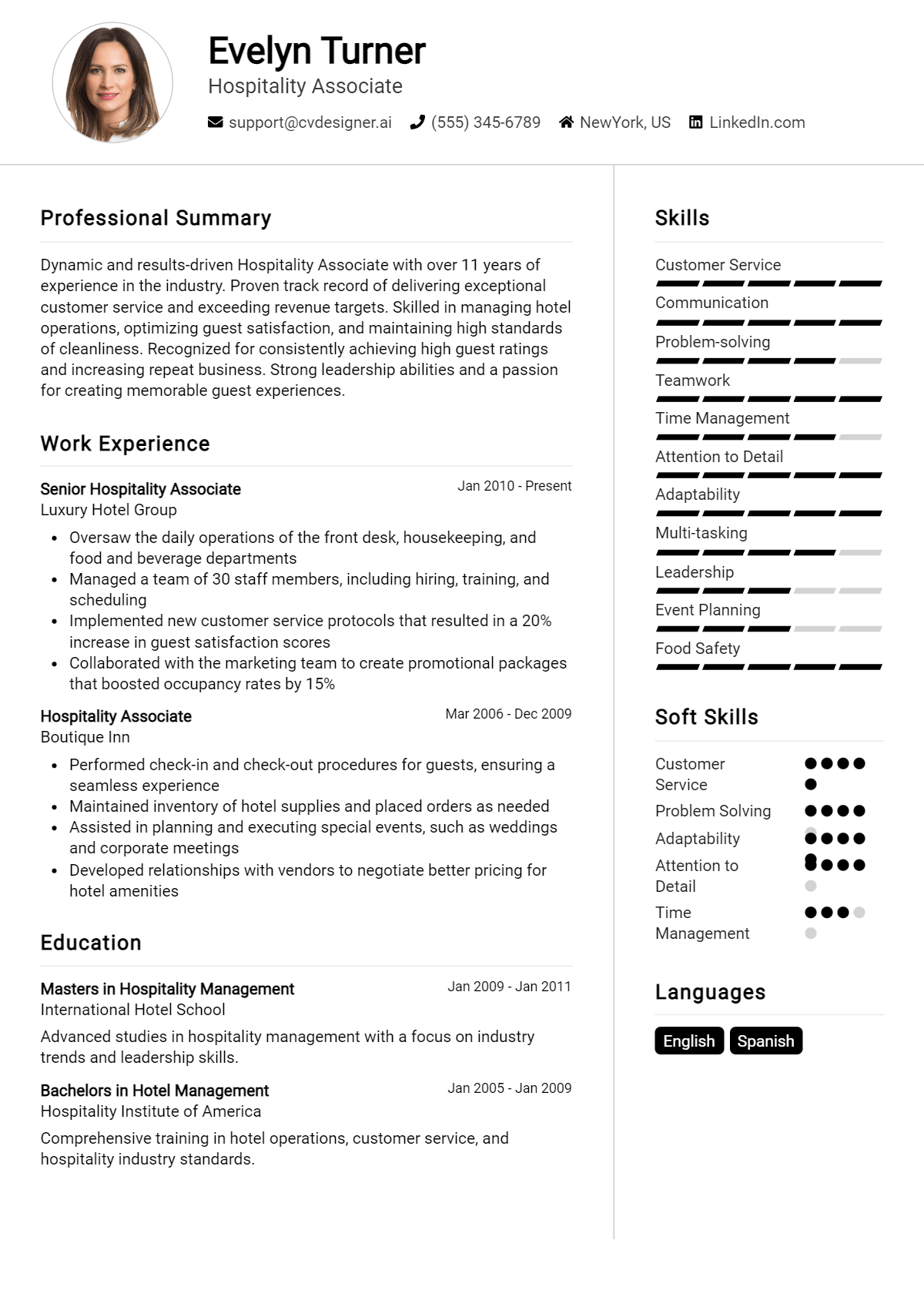 Hospitality Associate Resume Example for 2026: Professional CV Templates Preview