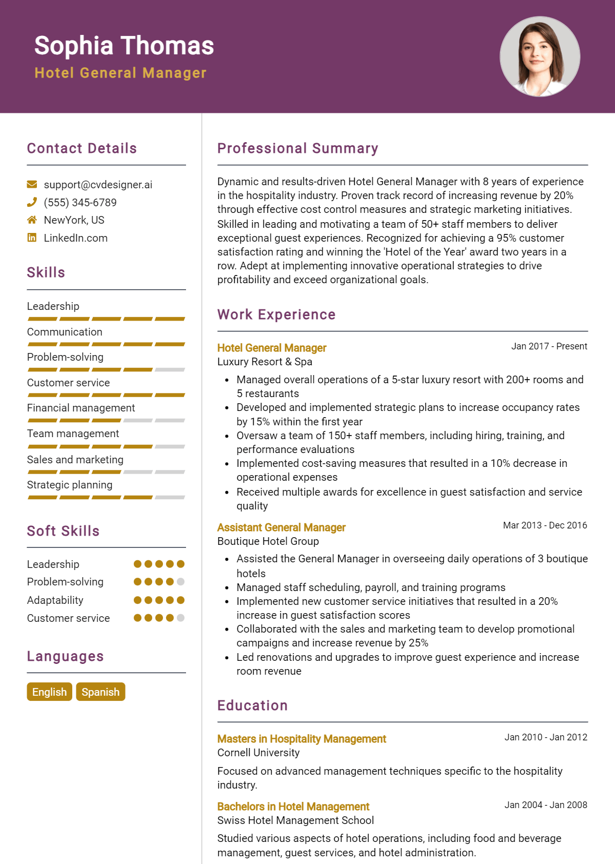 Hotel General Manager Resume Example for 2026: Top CV Skills Preview