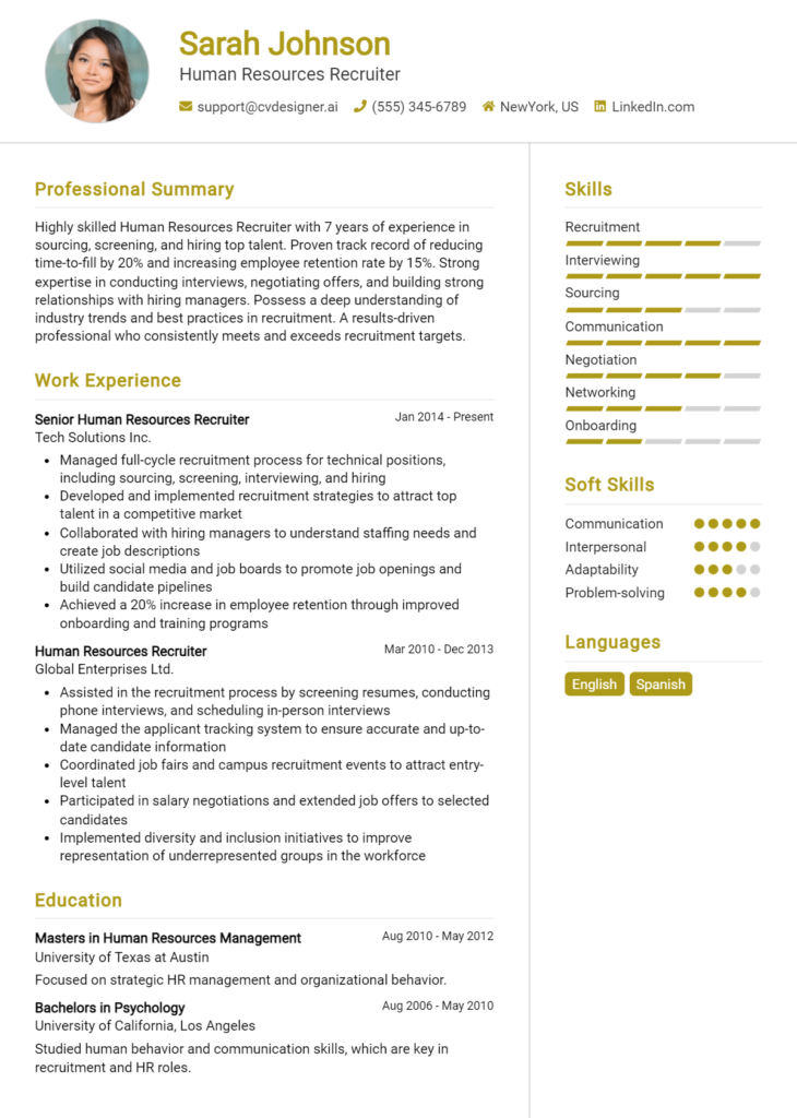 Human Resources Recruiter Resume Example