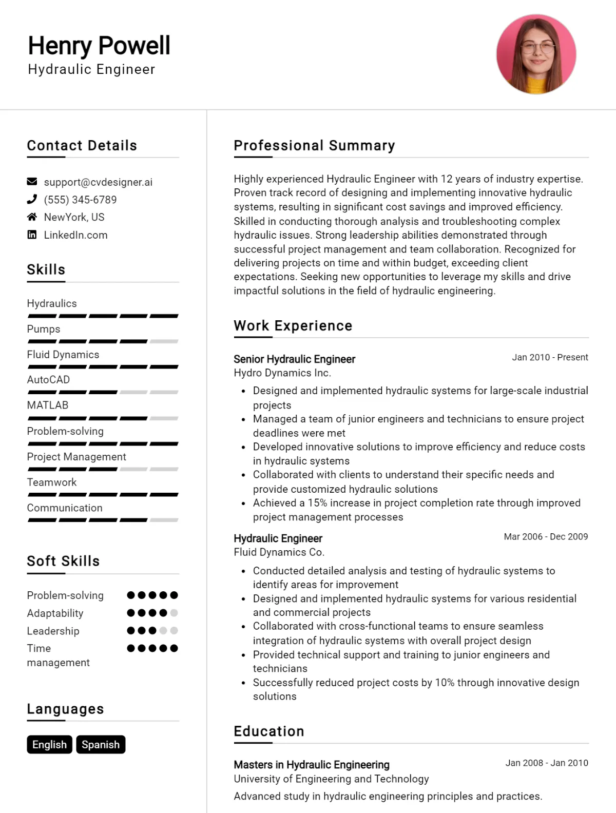 Hydraulic Engineer CV Example For 2026: Professional CV Templates Preview