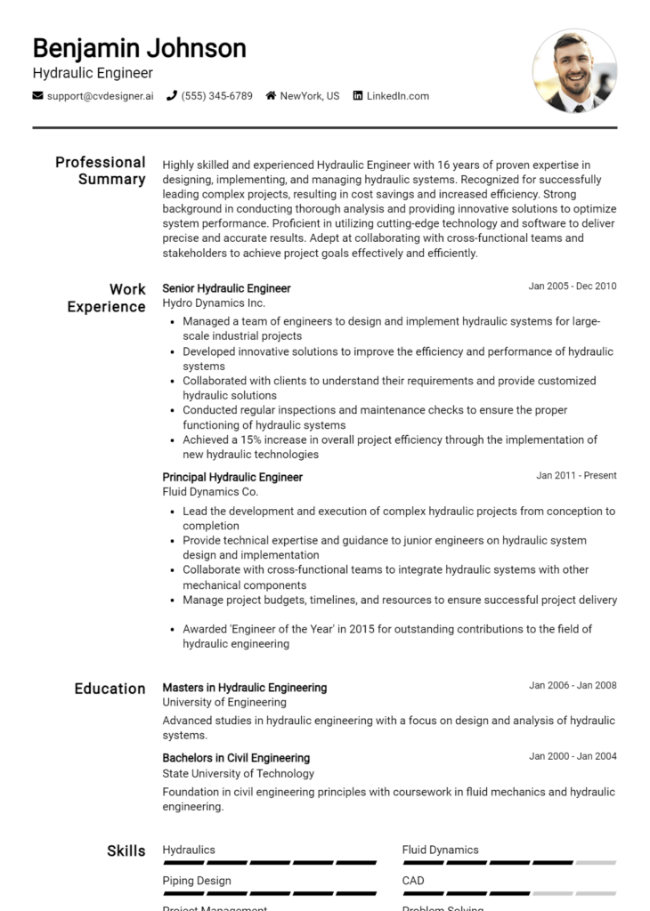Hydraulic Engineer Resume Example