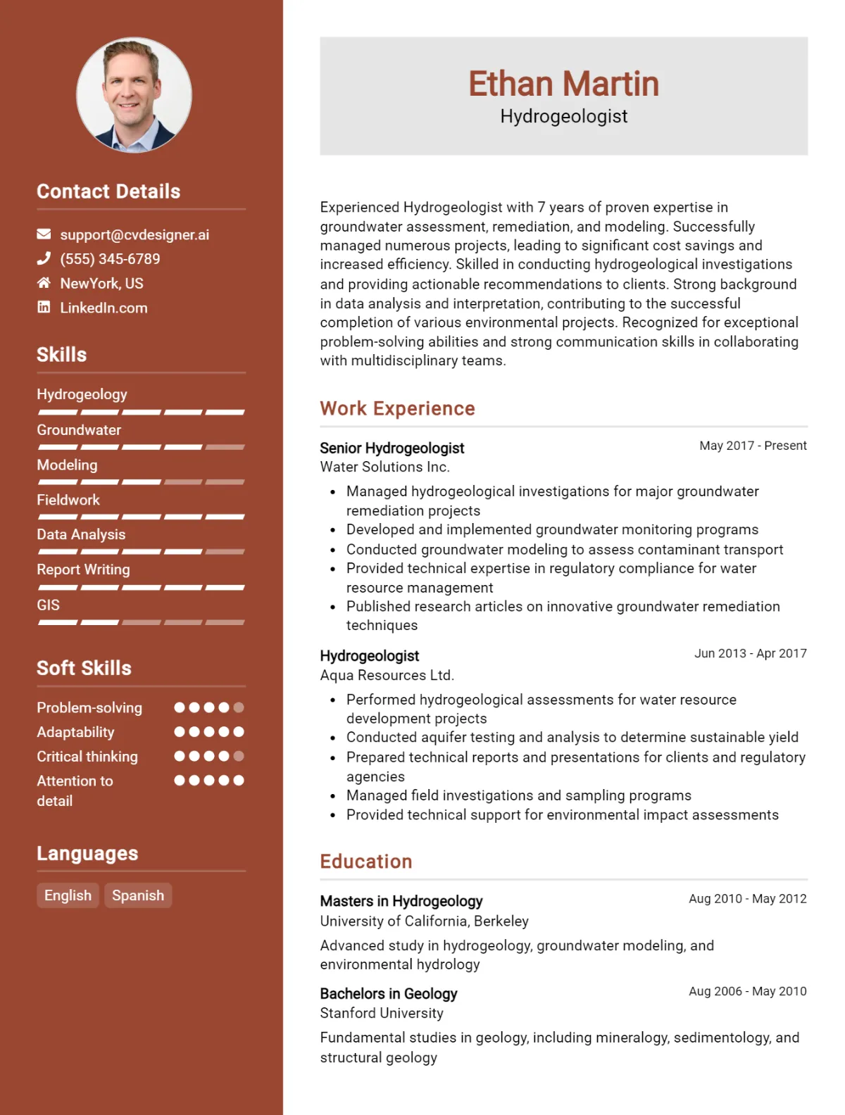 Hydrogeologist CV Example For 2026: Professional CV Templates Preview