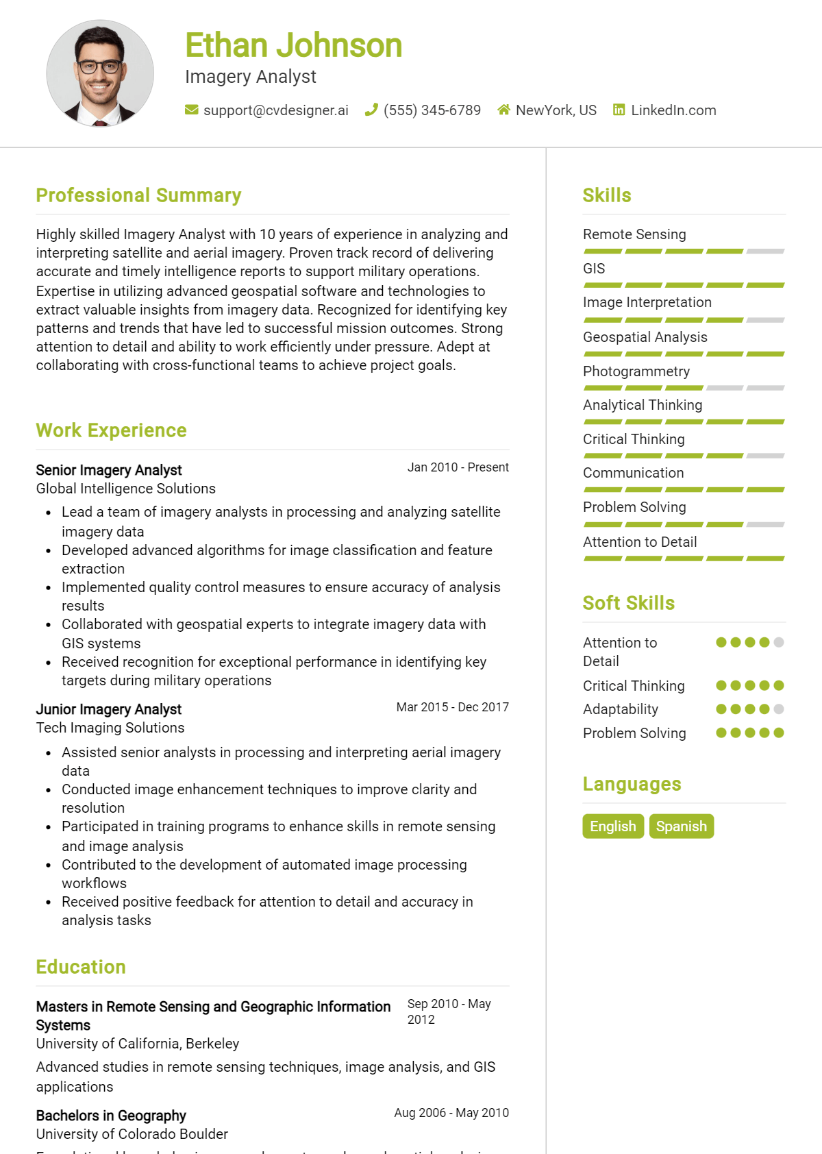 Imagery Analyst Resume Example for 2026: Effective CV Writing Tips Preview