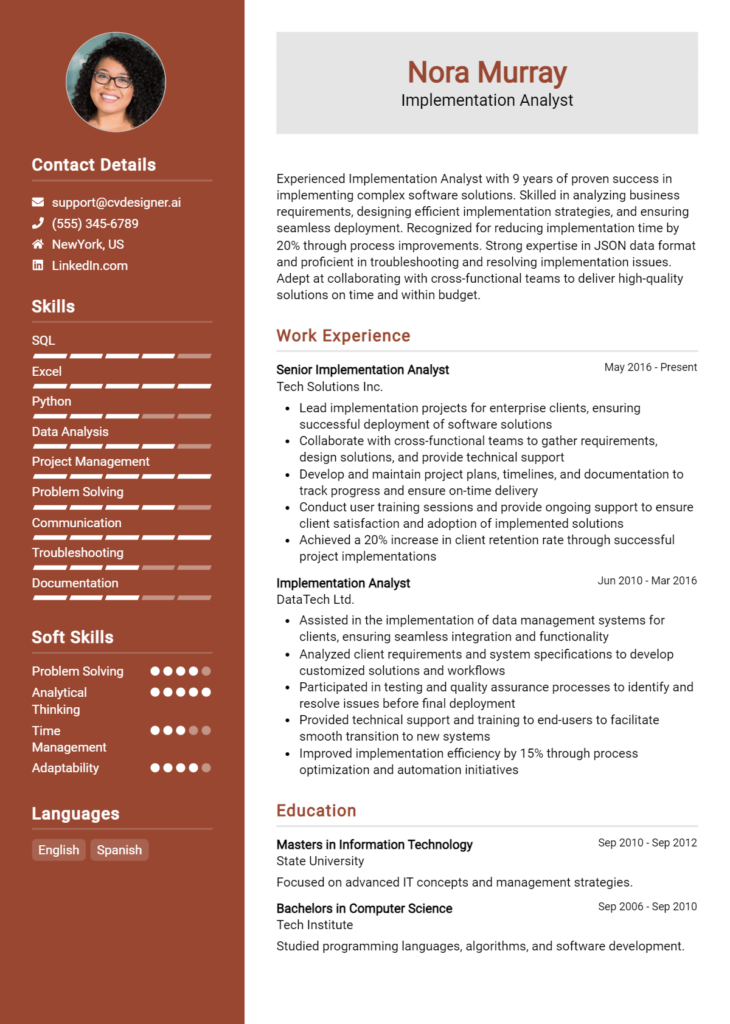 Implementation Analyst Resume Example